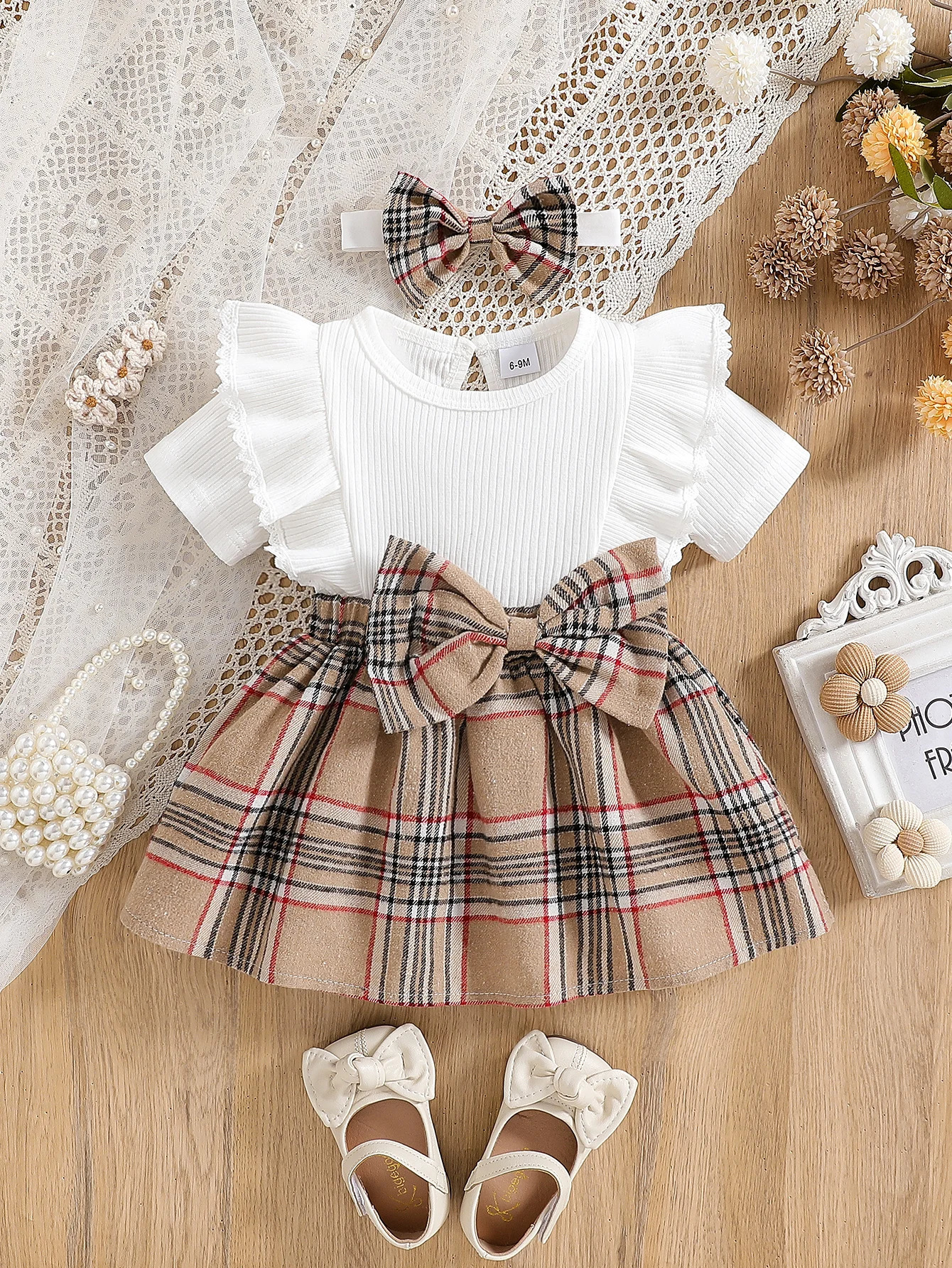 Baby Girl Summer Fashion Cute Casual Round Neck Ruffle Lace Decoration Short Sleeved Waist Large Bow Plaid Splicing 250902