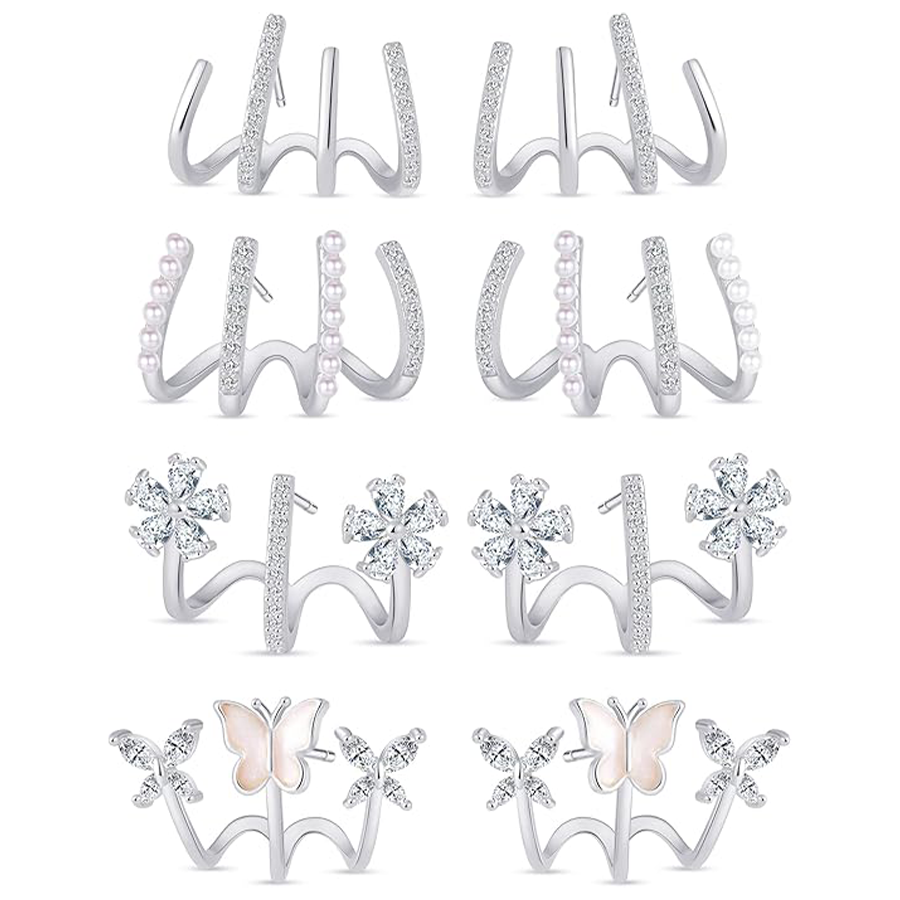 4 Pairs Claw Ear Cuffs Zircon Pierced Needle Stud Earrings Minimalist Ear Wrap Butterfly Pearl Piercing Claw Earrings for Women Silver Tone