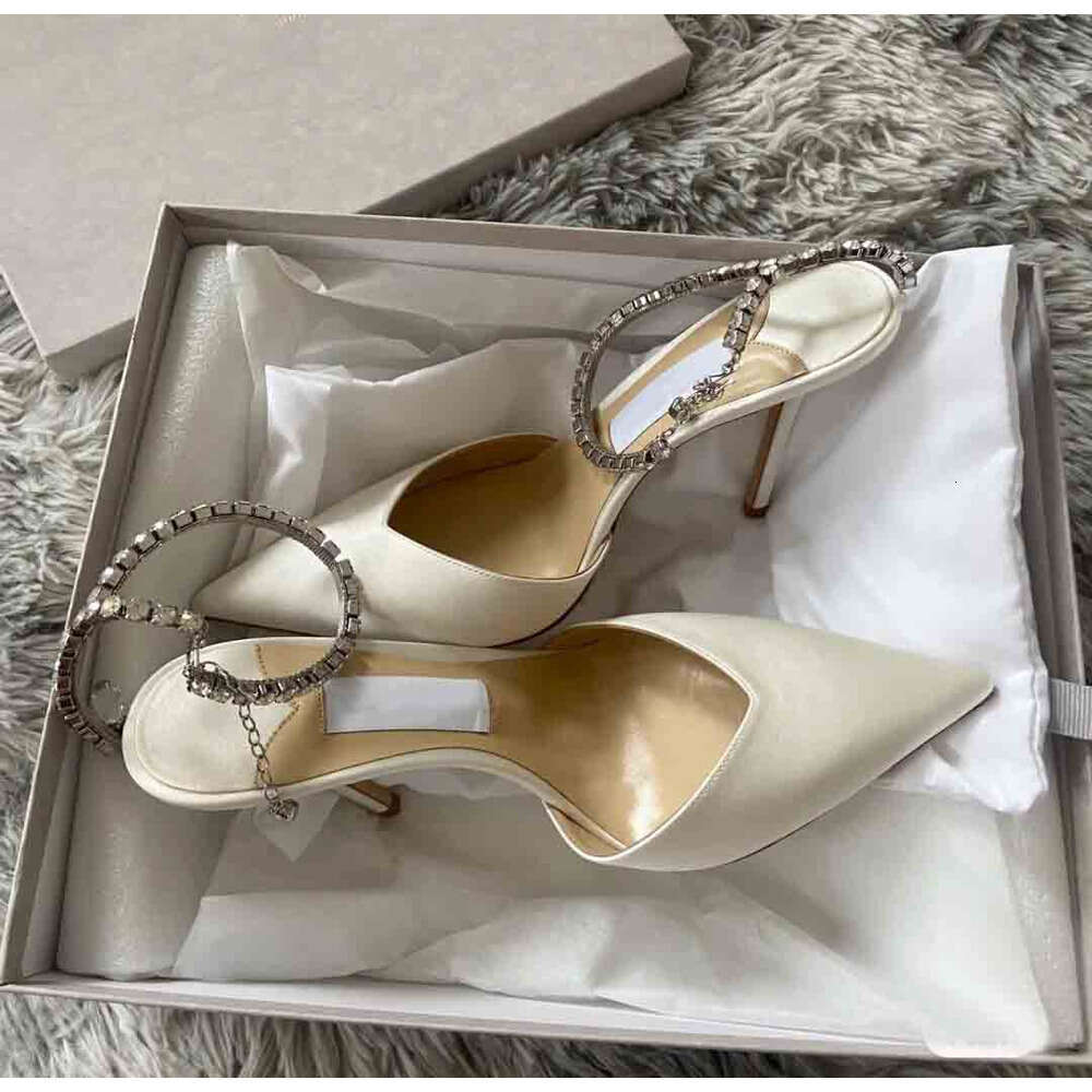 Choo Womens Saeda Sandals Shoes With Crystal Chain Stiletto Heel Party Wedding Lady Gladiator Sandalias Lady Wedding Party Dress Pump Eu35-43 Original Box 703