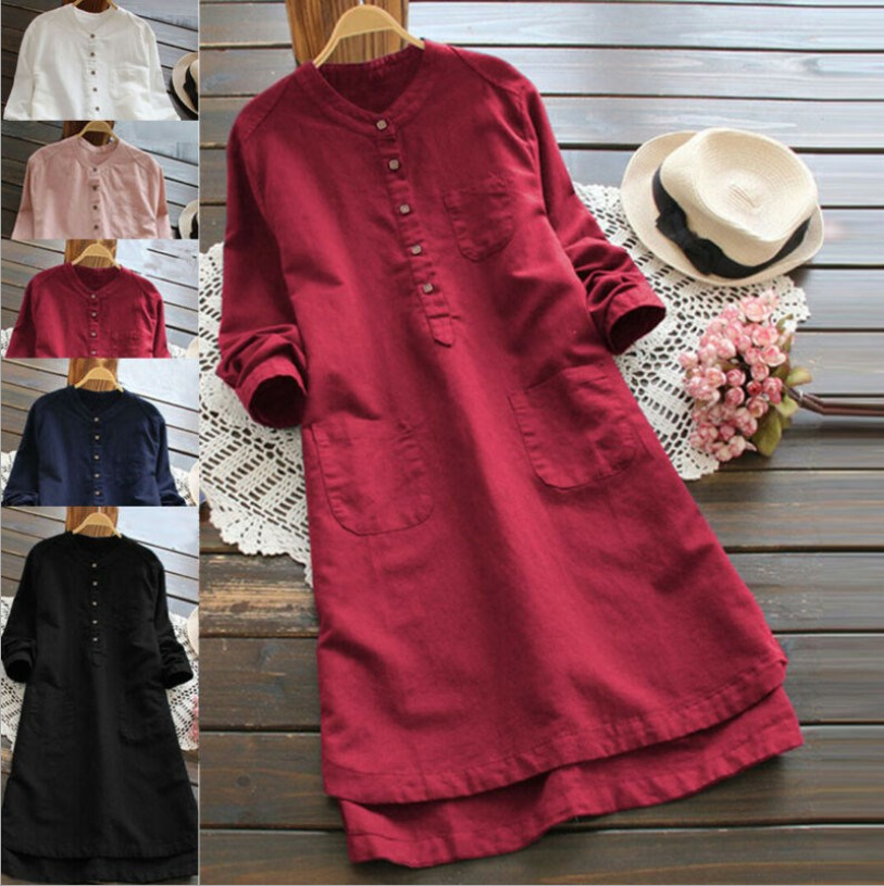 P830Large size loose slim round neck long sleeve solid color cotton and linen dress