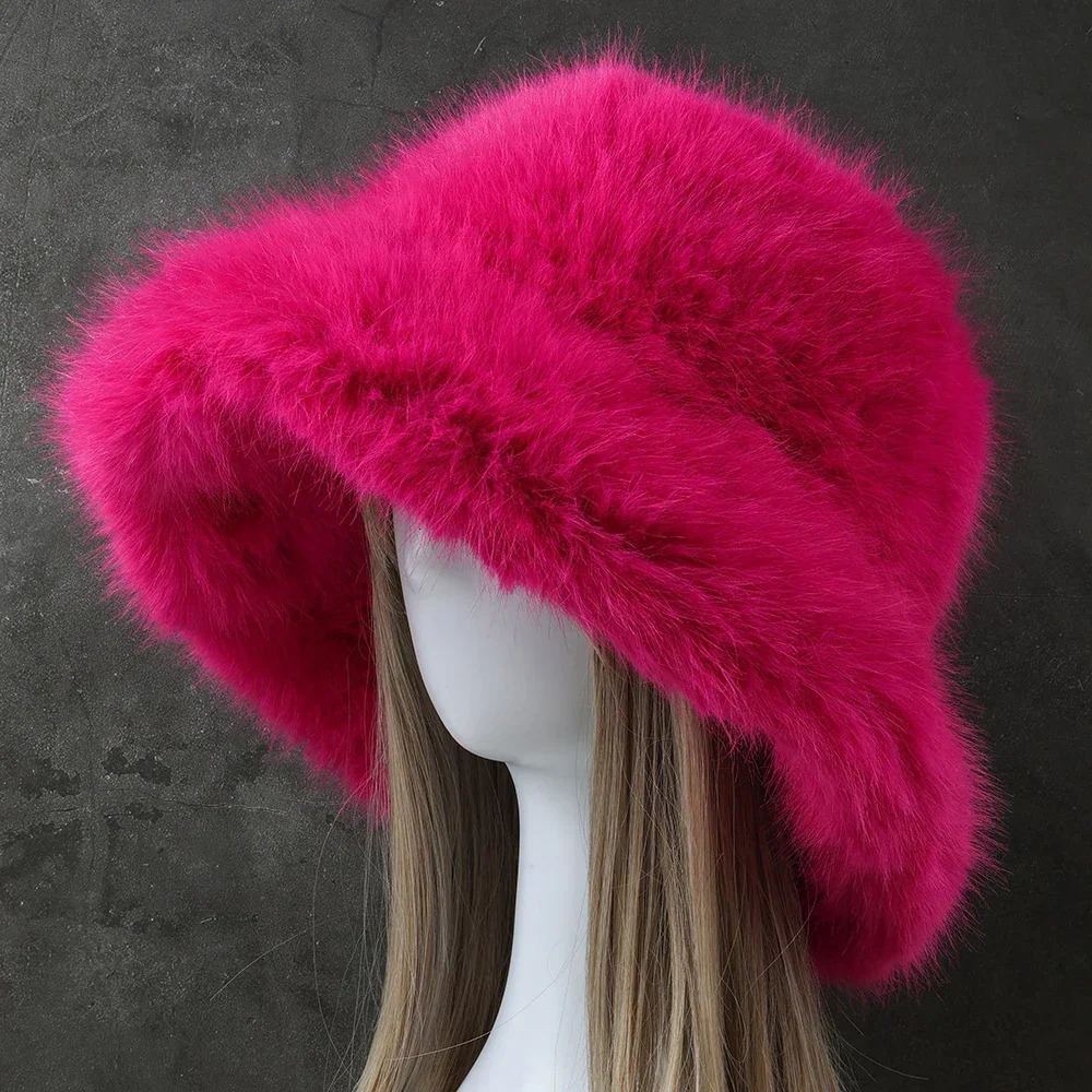 Big Oversized Fluffy Faux Fur Bucket Hats for Women Plush Fisherman Hat Winter Warm Thicken Cold proof Panama Cap Y2k 250821