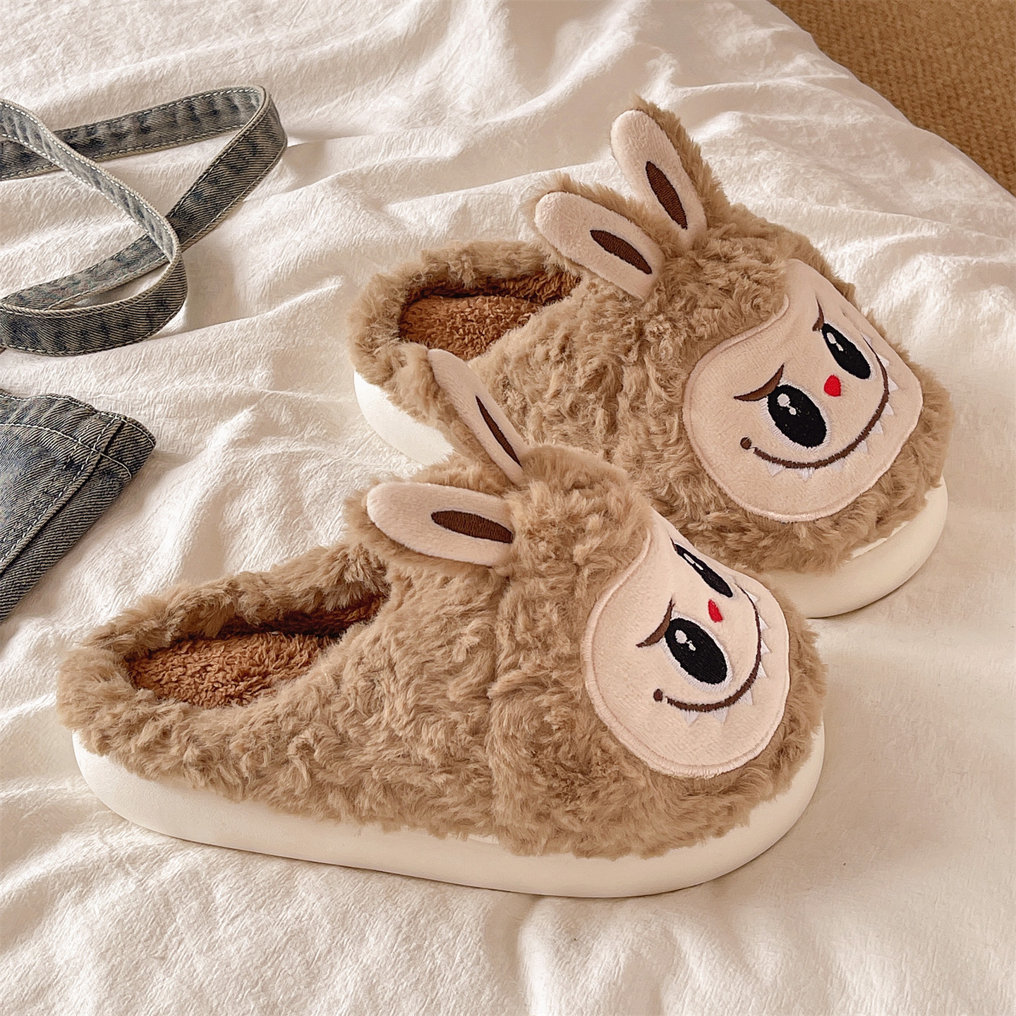 Free Shipping Cute funny rabbit fur slippers for women's indoor home with plush insulation thick bottom anti slip cotton slippers with toe caps