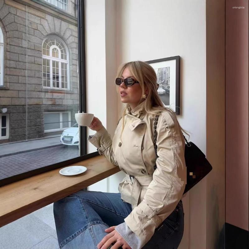 Women Cropped Trench Coat Stand Collar Double Breasted Belte - view 5