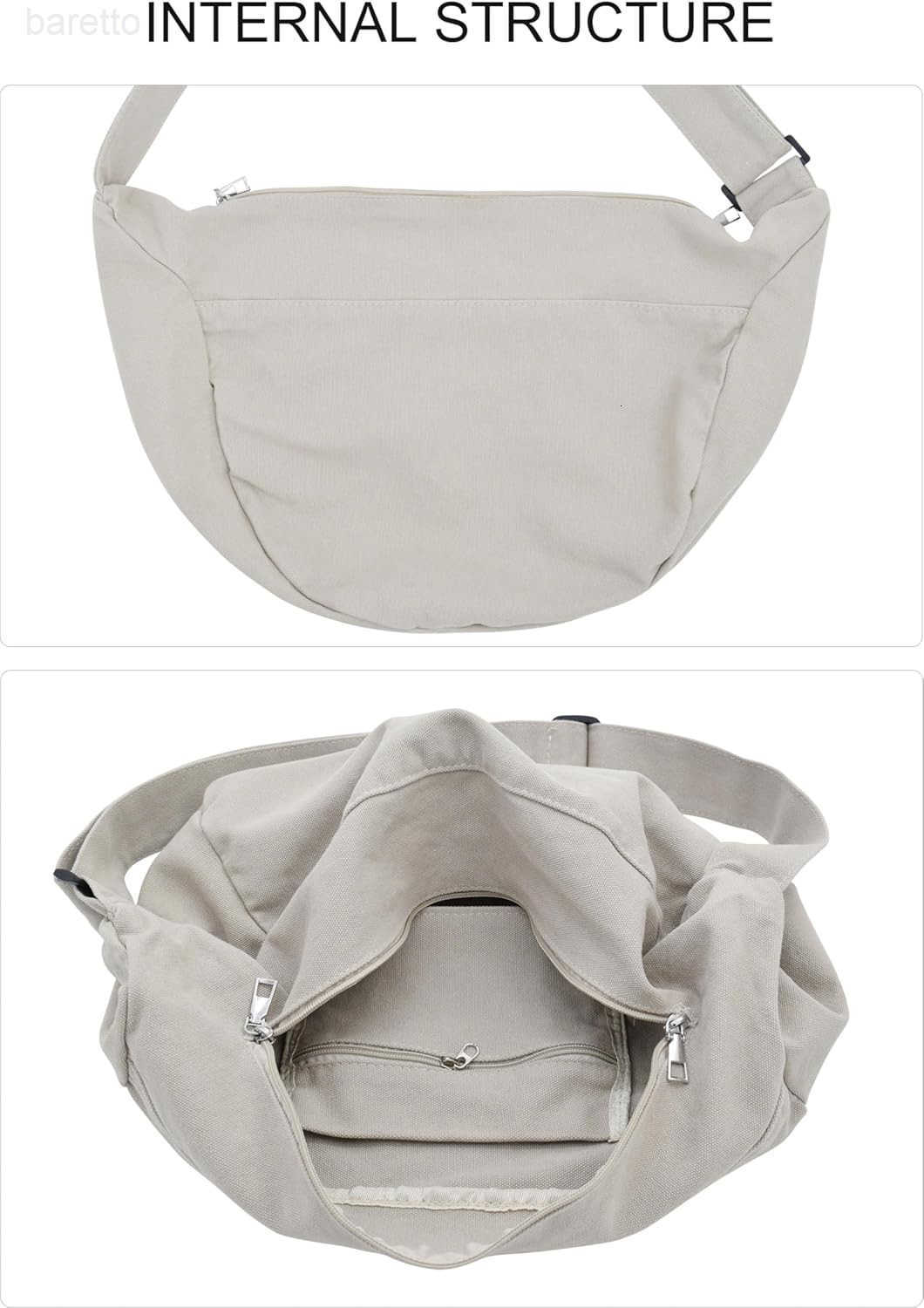 Canvas Tote Bag Hobo Crossbody Bag Fashion Crescent Bag with Zipper Pockets for Shopping Travel for Women and Men Black M250903