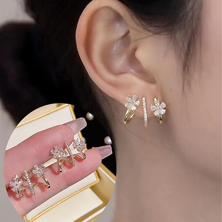 4 Pairs Claw Ear Cuffs Zircon Pierced Needle Stud Earrings Minimalist Ear Wrap Butterfly Pearl Piercing Claw Earrings for Women Silver Tone