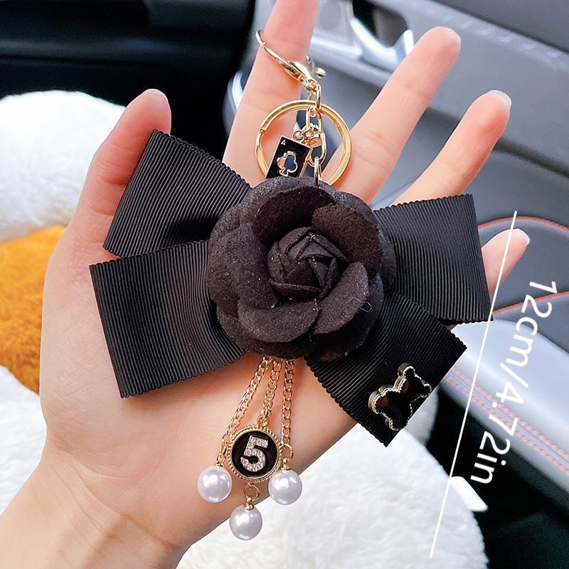French Classic Black White Bag Charm Camellia Fabric Car Gift Ornament Bow Pearl Chain Keychain