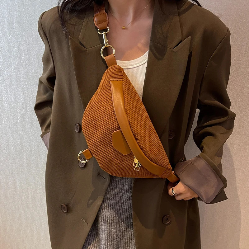 Casual Corduroy Crossbody Bag For Women Fanny Waist Pack Simple Travel Phone Purse Large Canvas Waist Bag Banana Hip Belt Bag 250903