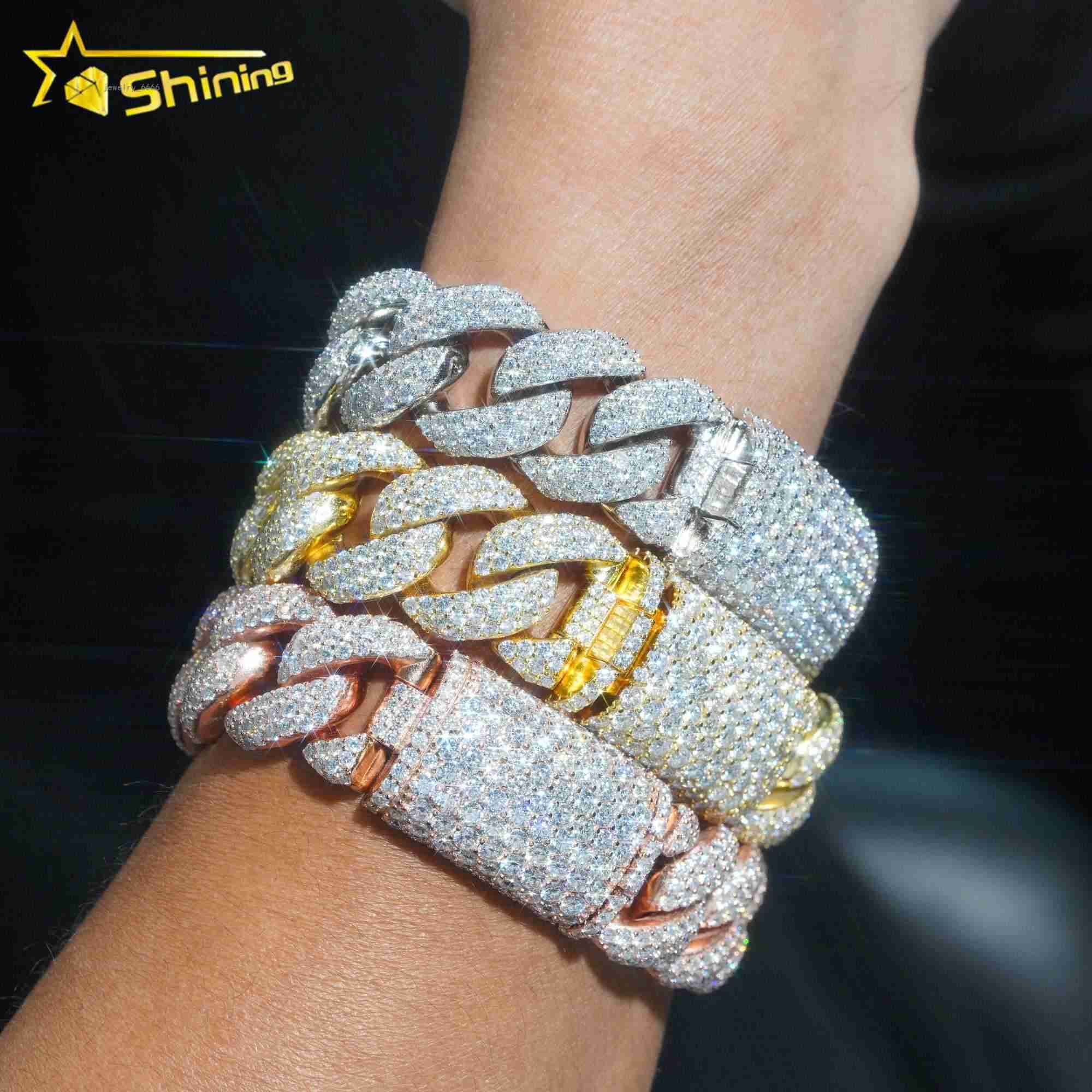 Hip hop iced out 925 silver 20mm solid heavy miami moissanite bracelet men gold plated cuban link chain