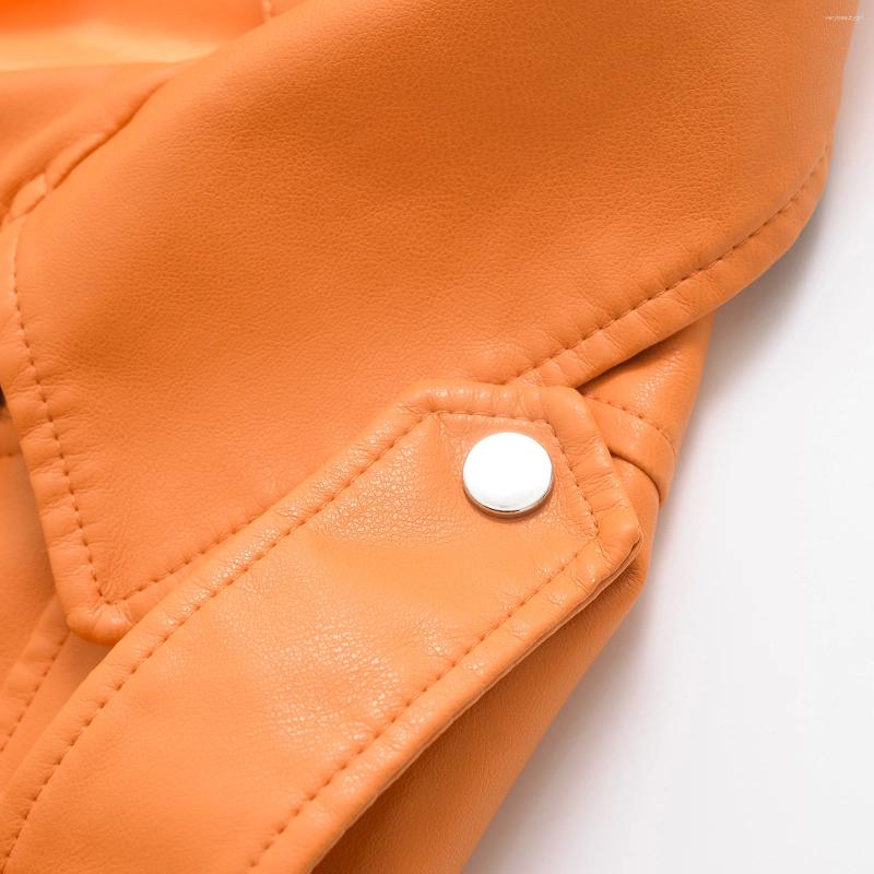 Women's Fur Autumn Winter PU Leather Jacket Lady Lapel Motorcycle Outwear Casual Orange Coat Chic Tops