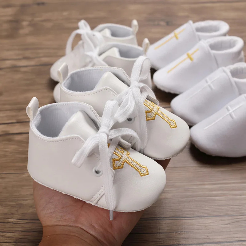 born Baby White Baptism Shoes Soft Antislip Toddler Boy Girl Christening Golden Church Cross Soled Infant First Walker Shoes 250902