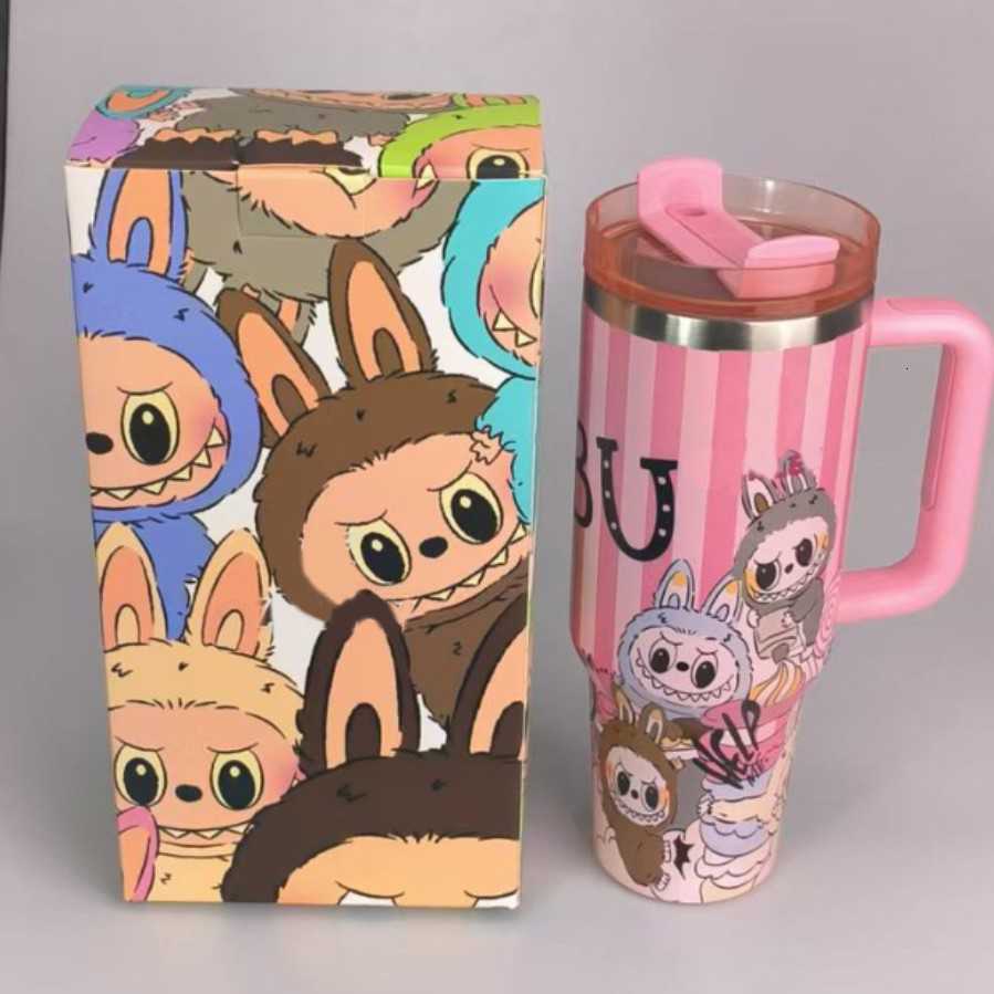 New labubu 40OZ stainless steel drum type tibial drive insulated cup with straw and lid large capacity car cup X250612