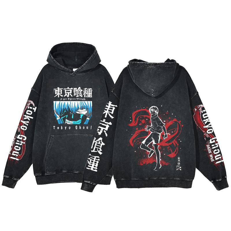 Anime Tokyo Ghoul Hoodie Ken Kaneki Print Harajuku Washed Hooded Sweatshirt Men's - VT2740