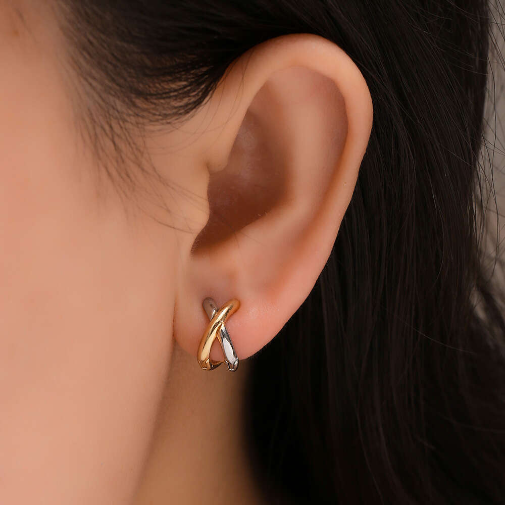 2025 New Korea Dongdaemun Ins-Style Earrings - Brass Cross/Circle Design, Gold/Silver 2-Tone, Unisex, Ruolong Brand, Anti-Tarnish