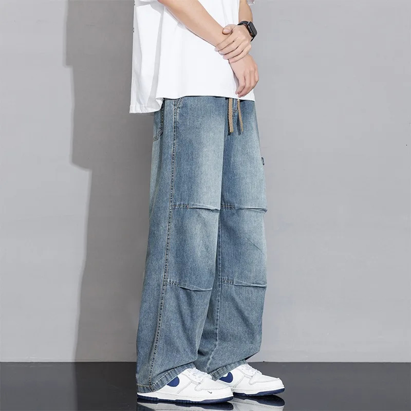 2025 Spring Summer Vintage Washed Cotton Jeans for Men Clothing Drawstring Straight Pants 250823Z
