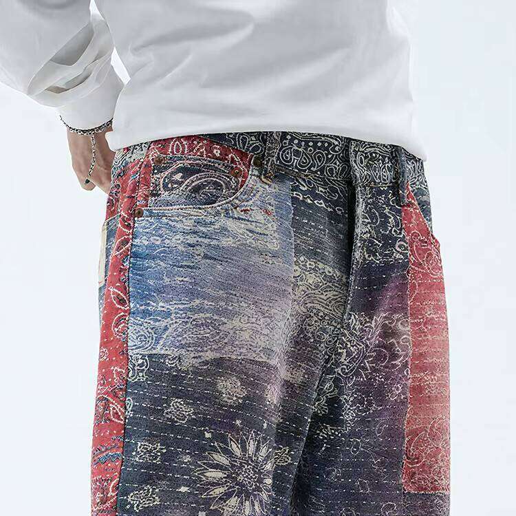 100% Cotton Men's Straight Leg Paisley Print Street Style Elastic Waistband Jeans