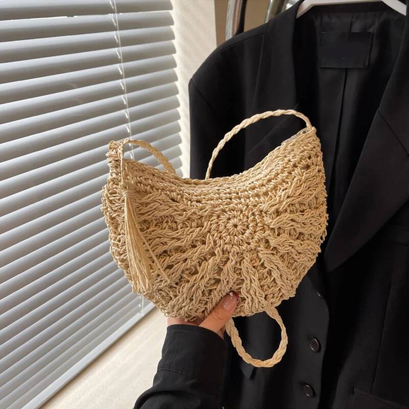 Luxury Handbag Half Round Straw For Women Summer Beach Rattan Shoulder Bag Zipper Woven Crossbody Handbags Bohemia Vacation Handbag