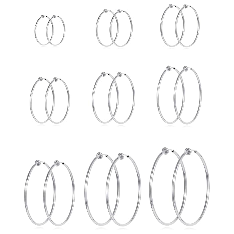 9 Pairs Clip on Hoop Earrings Non Pierced Fake Spring Hoop Earrings for Women Men Silver Tone