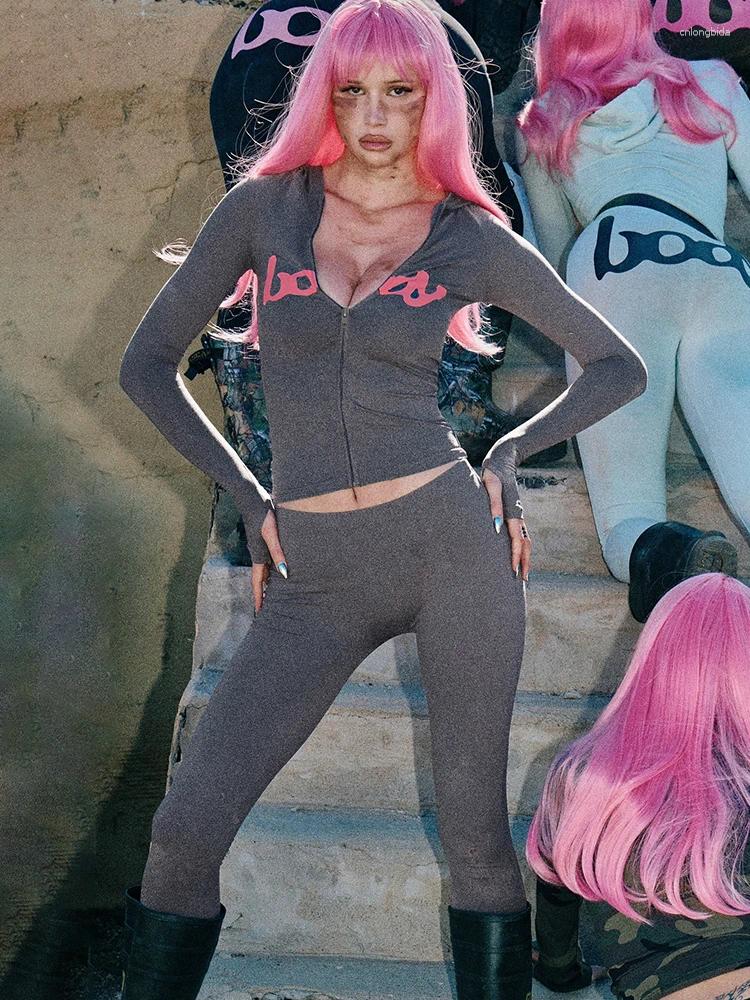 BODY Women's Two Piece Pants Weird Puss Letter Print 2 Set Women Tracksuit Hooded Jacket Leggings Matching Stretch Streetwear Casual Sporty