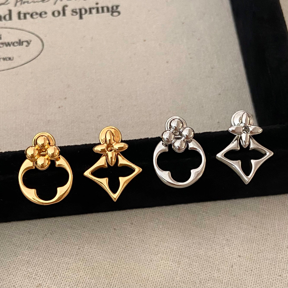 Gold - Toned Asymmetrical Stud Earrings with Floral & Geometric Designs, Chic Elegant Jewelry for Daily or Stylish Looks