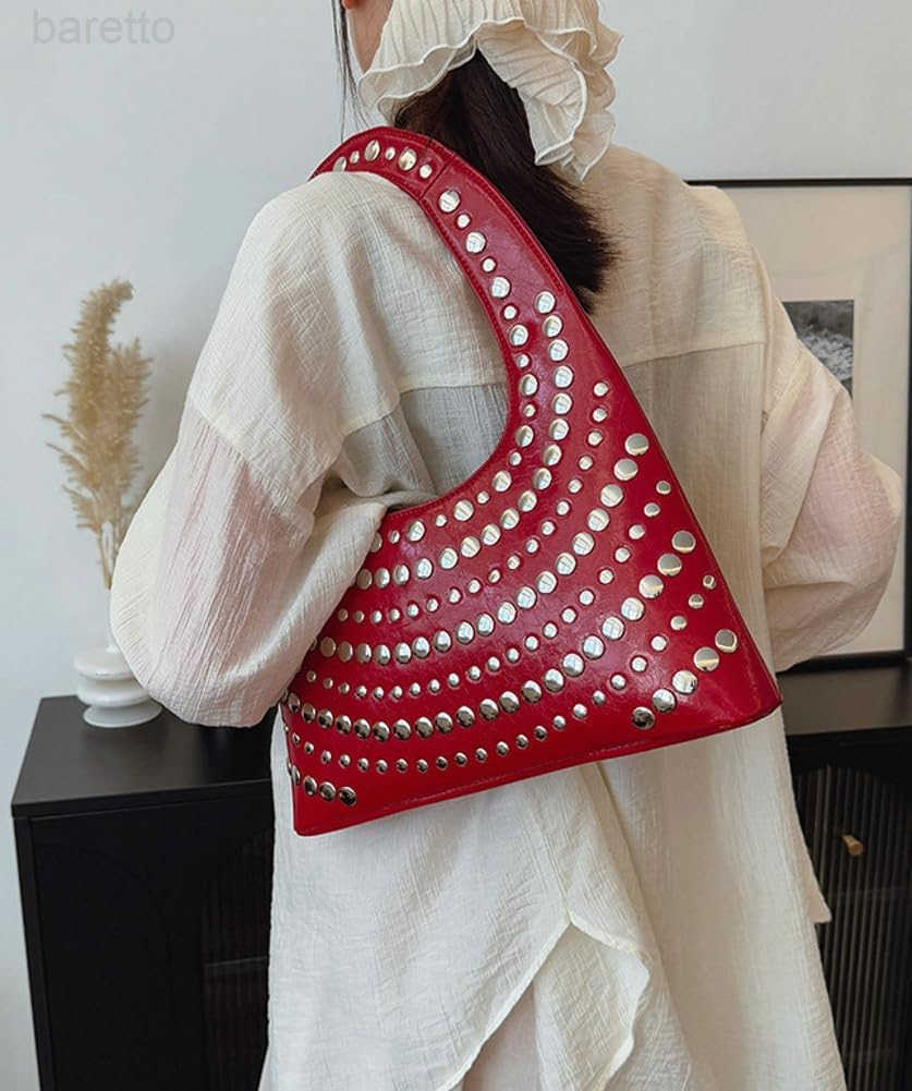 Y2k Crescent Hobo Bag Women 90s Trendy Studded Shoulder Satchels Crossbody Purse PU Leather Punk Underarm Tote Handbag M250903