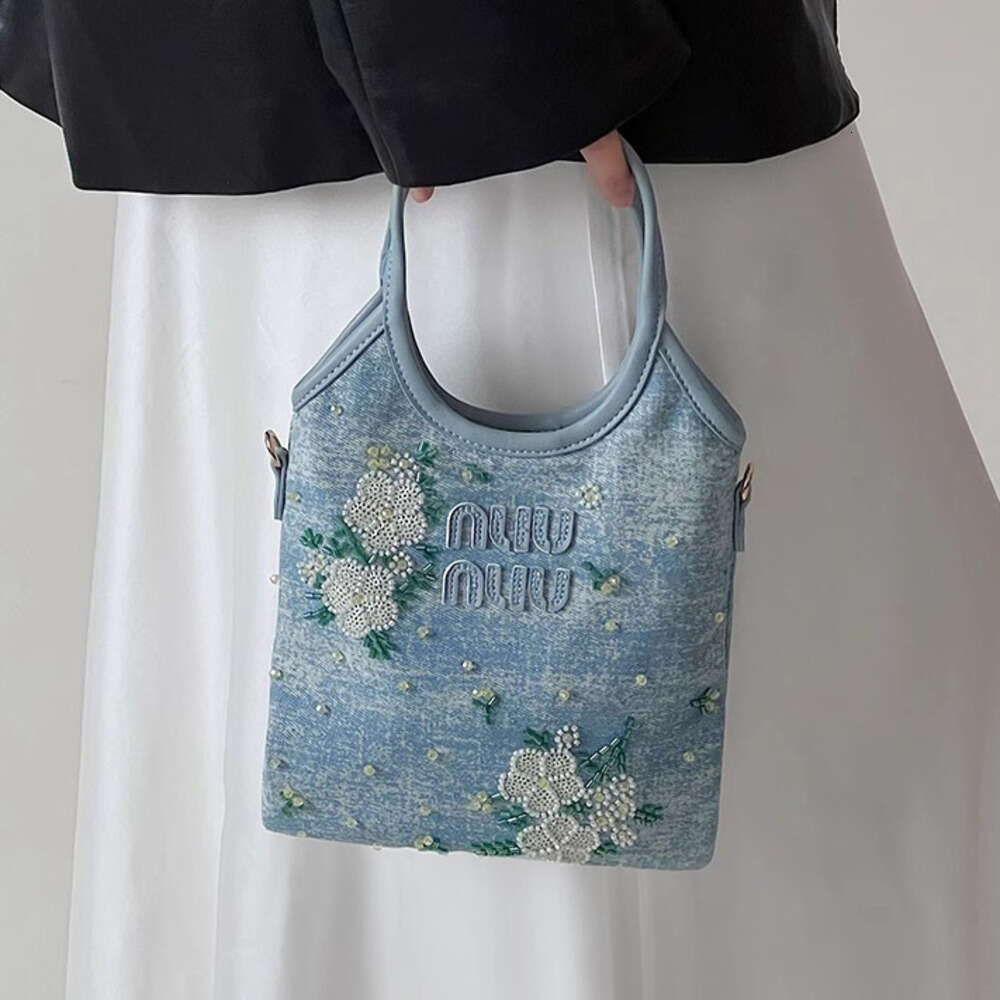 2025 Spring Viral Style Embroidered Denim Tote Women's Small Square Handheld Shoulder Crossbody Bag