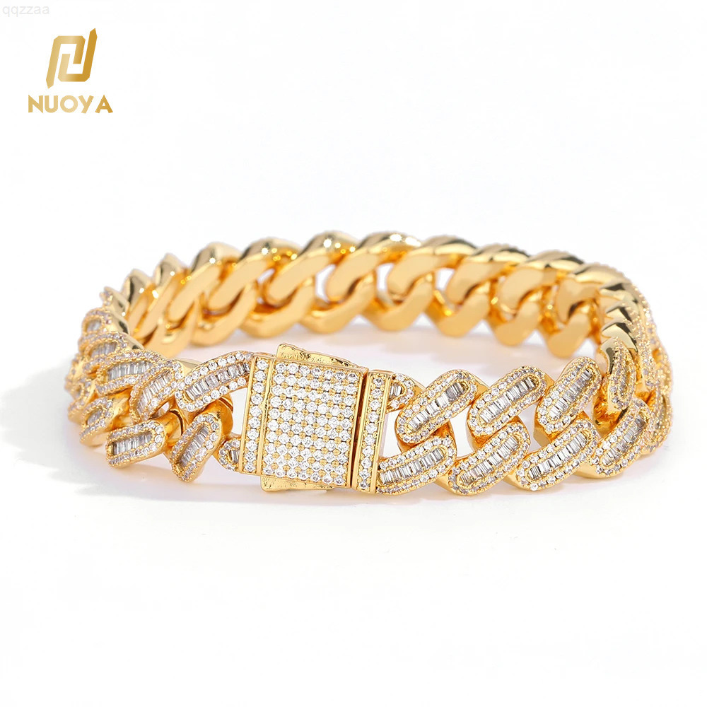 NUOYA Iced Out Moissanite Diamonds Cuban Chain Bracelet 15MM Width Bling Baguette Design Spring Clasp Cuban Link Chain for Women