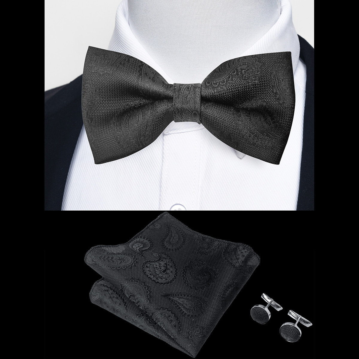 Hi-Tie Classic Black Bow Ties for Men 100% Silk Pre-Tied Bow Tie Pocket SqUAre Cufflinks Suit Set Floral Gold Bowties 220506