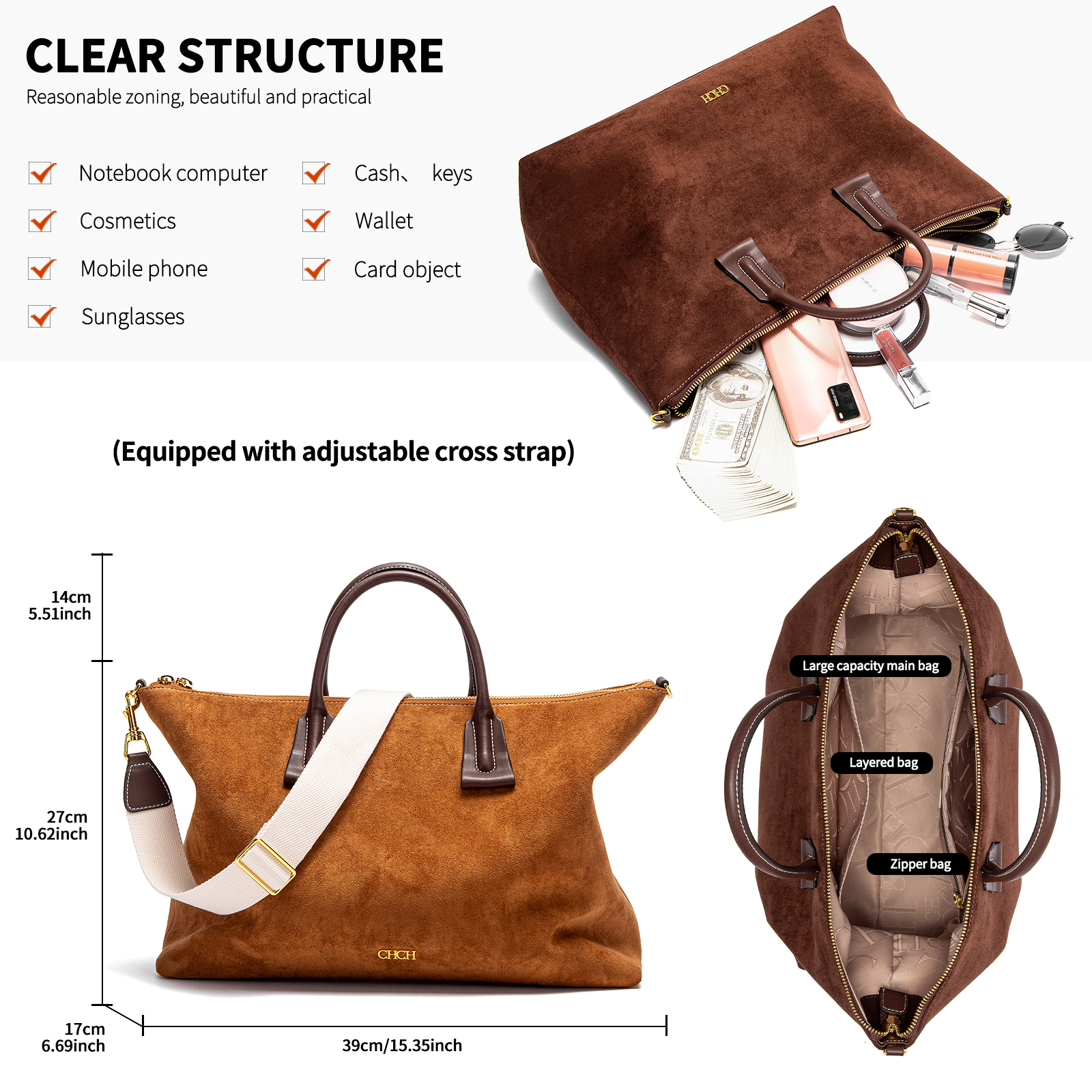 CHCH Anti Velvet Large Capacity Crossbody Bag Women's Handbag New Autumn/Winter Vintage Tote Bag