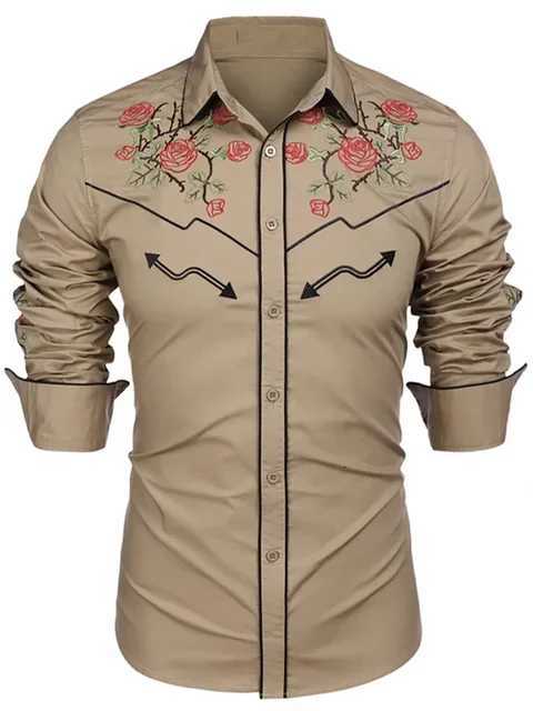 2025 New Mens Shirt Western Shirt Floral Print Lapel Street Long Sleeve Button Clothing Fashion Street Designer Western Style X250903