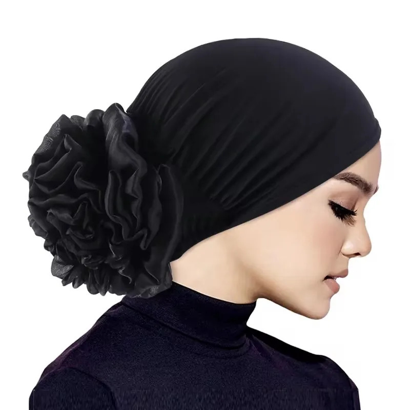 Womens Hijabs Turban Big Flower Elastic Cloth Hair Bands Hat Beanie Ladies Muslim Solid Loss Scarf Cap Accessories 250903