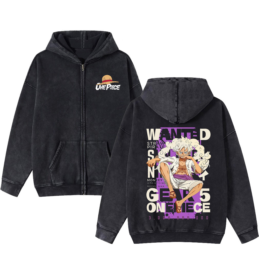 Luffy Fifth Gear American Vintage Washed Zipper Hoodie Unisex Dark Print Hoodie - VT2945