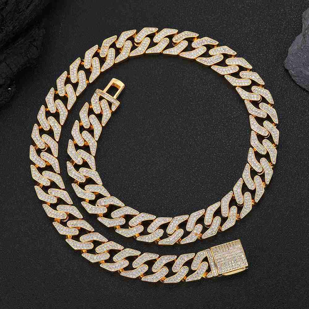 NUOYA Mens Hip Hop Jewelry 16mm Iced Out Cuban Chain Full Pave Moissanite Stone Gold Plated Cuban Link Chain Necklace