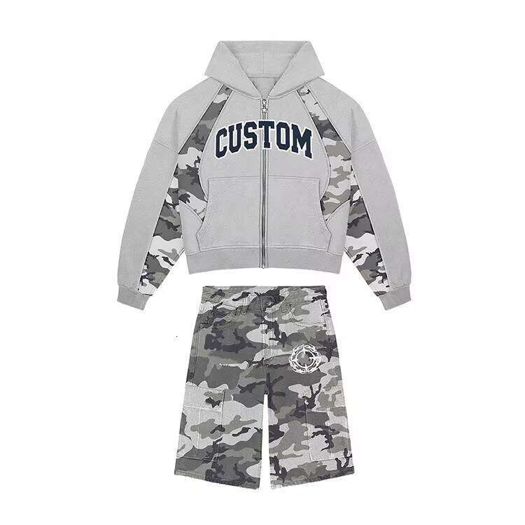 Men's Graphic Camouflage Tracksuit 2-Piece Oversized Zipper Hoodie Cargo Shorts Set Clothing Manufacturer