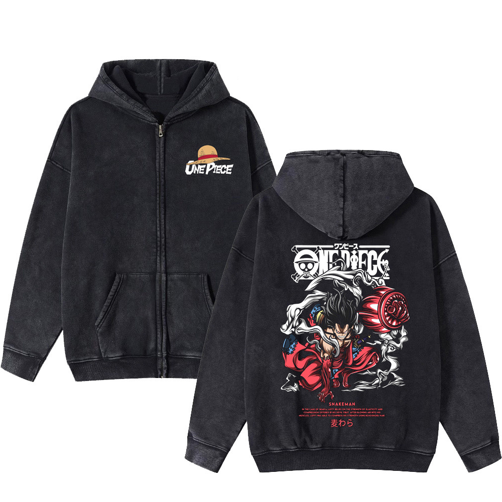 Luffy Fifth Gear American Vintage Washed Zipper Hoodie Unisex Dark Print Hoodie - VT2945