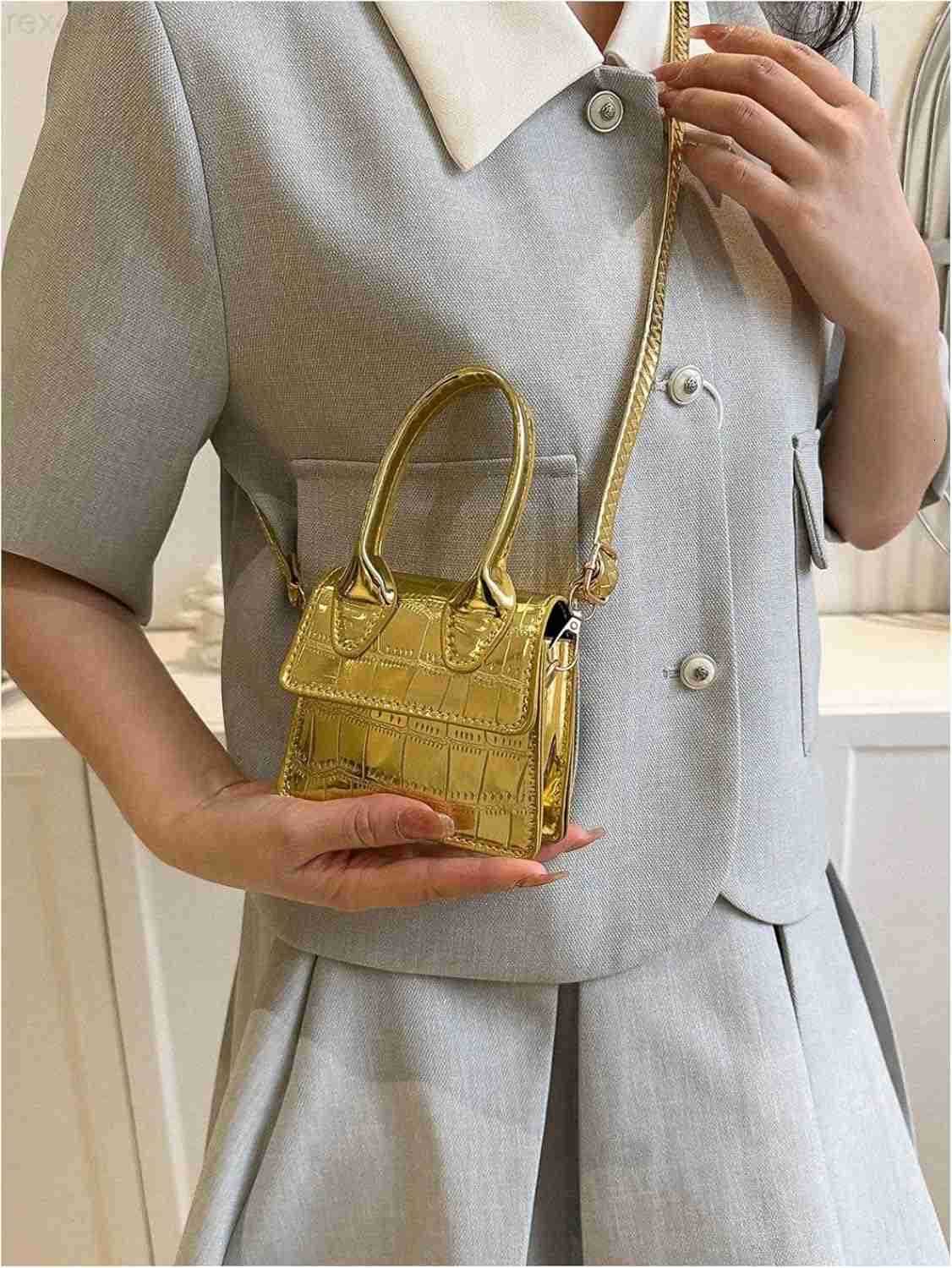 Womens Crocodile Embossed Mini Square Bag Metallic Top Handle Crossbody Handbag Flap Clutch BagsW250903