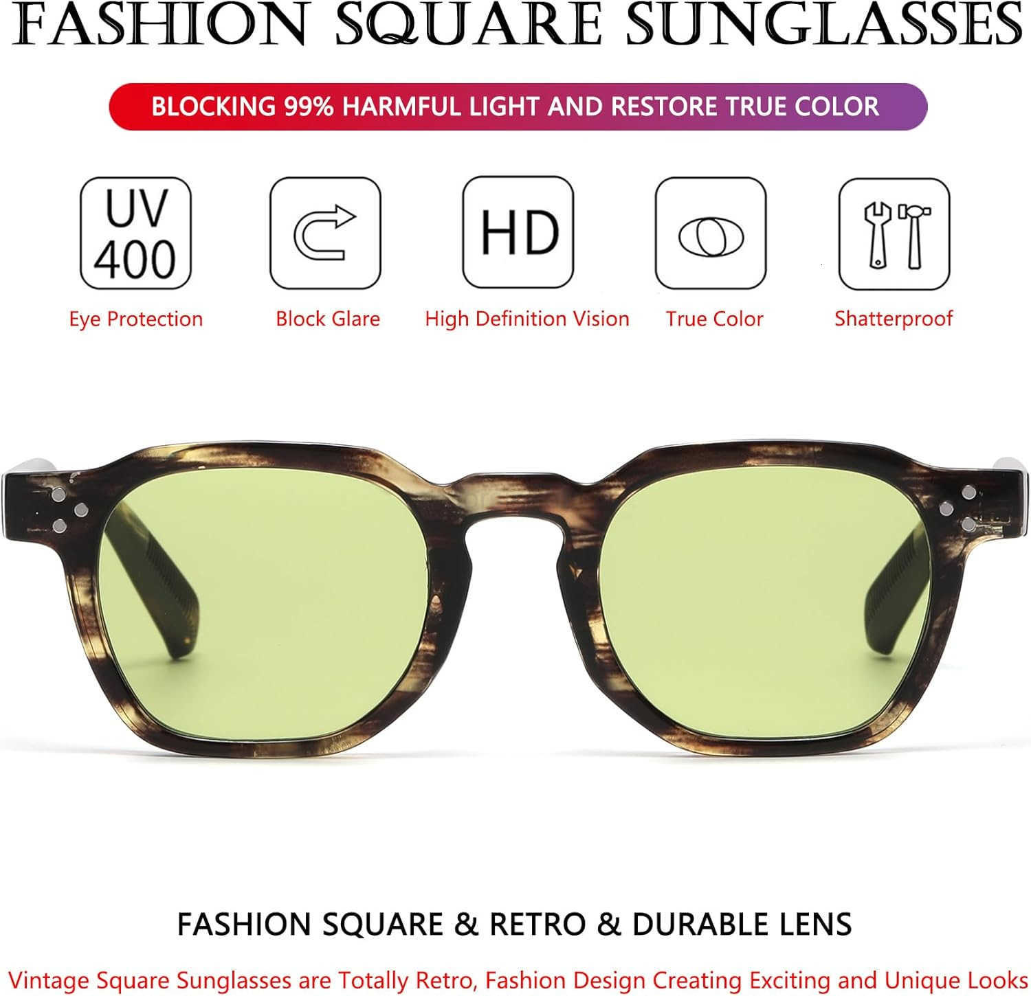 Retro Sunglasses for Womens Mens Square Thick Framed Shades Trendy Vintage Sun GlassesW250903
