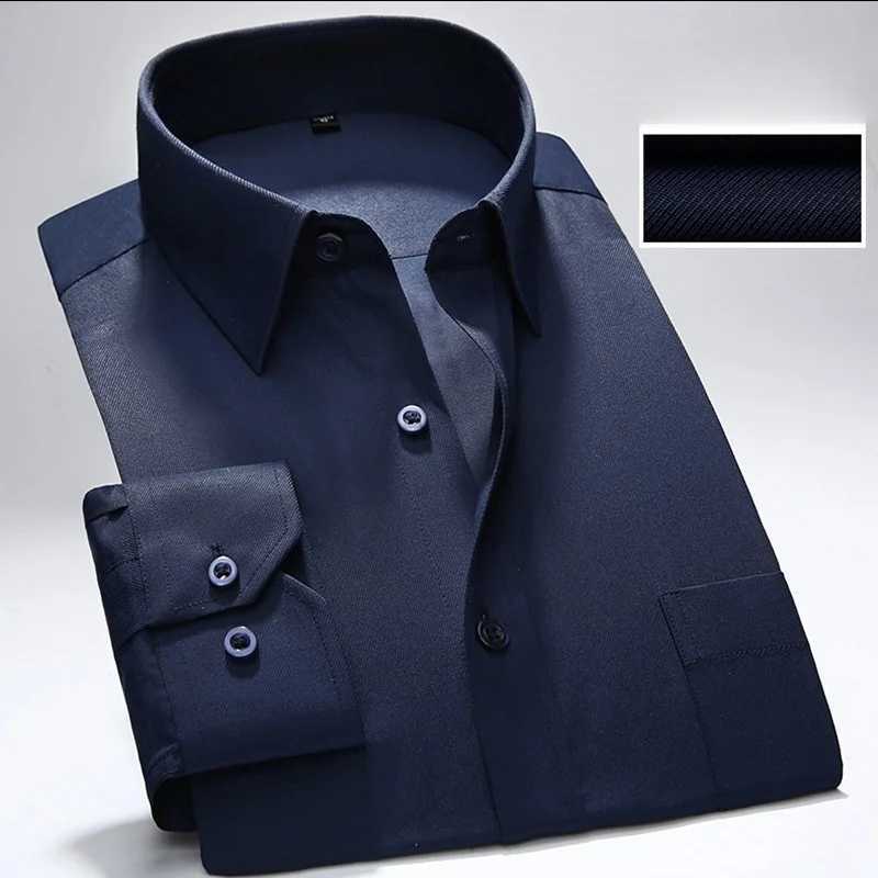 New Men Formal Shirt Long Sleeve Office Solid Color AntiWrinkle Fashion Business Pocket White Social Pocket Blue Shirt S7XL X250903
