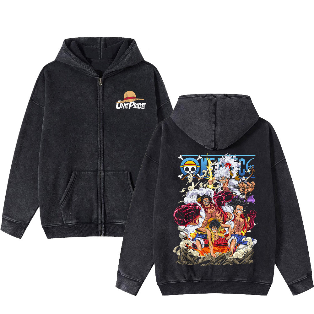 Luffy Fifth Gear American Vintage Washed Zipper Hoodie Unisex Dark Print Hoodie - VT2945