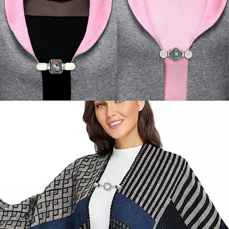8Pcs Vintage Sweater Shawl Clips Retro Cardigan Collar Shirt Dresses Waist Clip Antique Flowers Pattern Brooch Clip for Women