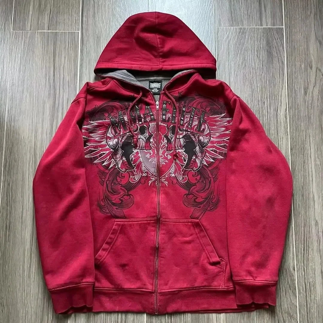 2000s Cotton Red Couple Zipper Hoodies Vintage Elite Full Zip Hoodie Sweatshirt Size Skull Snake Red Y2K Sweatshirts 250903
