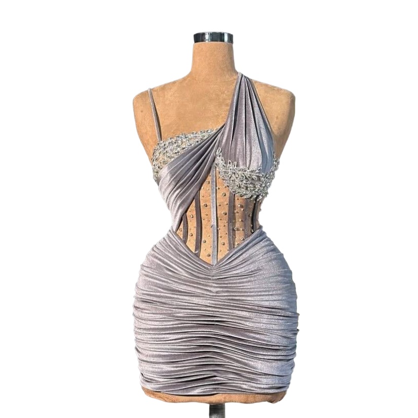 Chic Silver Sheath Cocktail Dress Spaghetti Velvet Beaded Crystals Short Mini Graduation Homecoming Dresses For Special Occasions Sweetheart Gowns