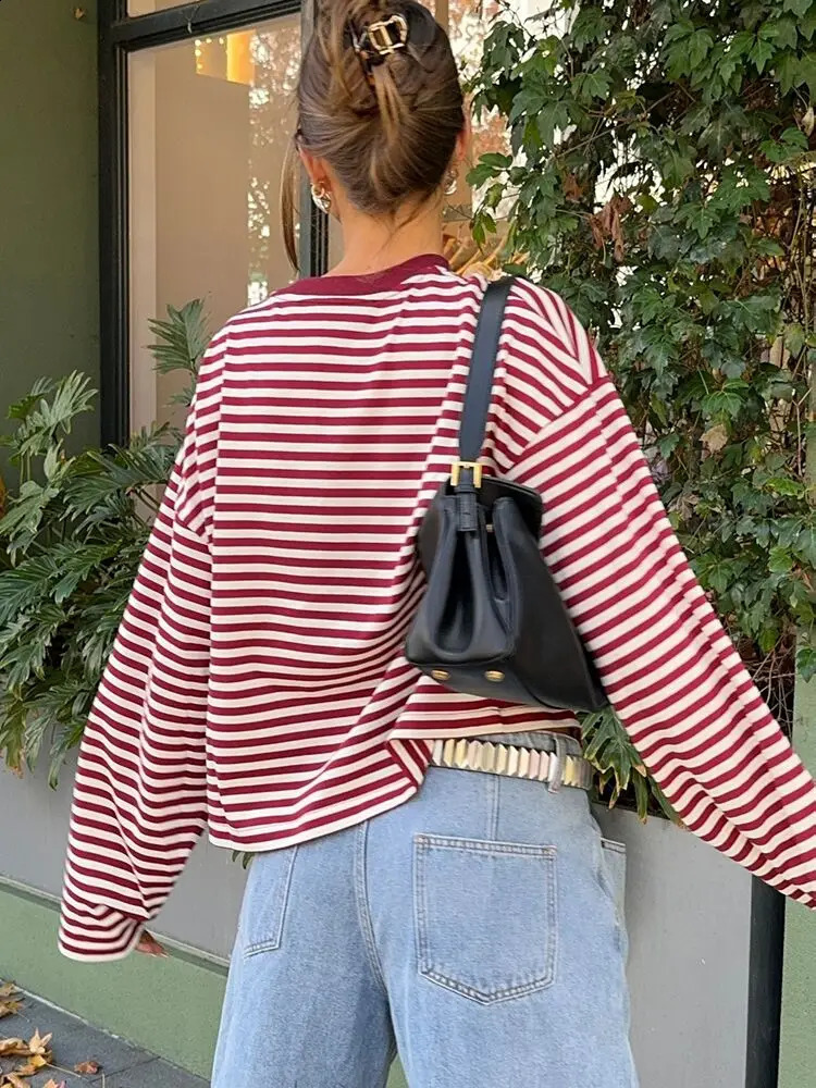 Absobe Womens Fashion Stripe Loose Tshirt ONeck Long Sleeve Color Contrasted Patchwork Straight Fit Top Casual Streetwear 250905