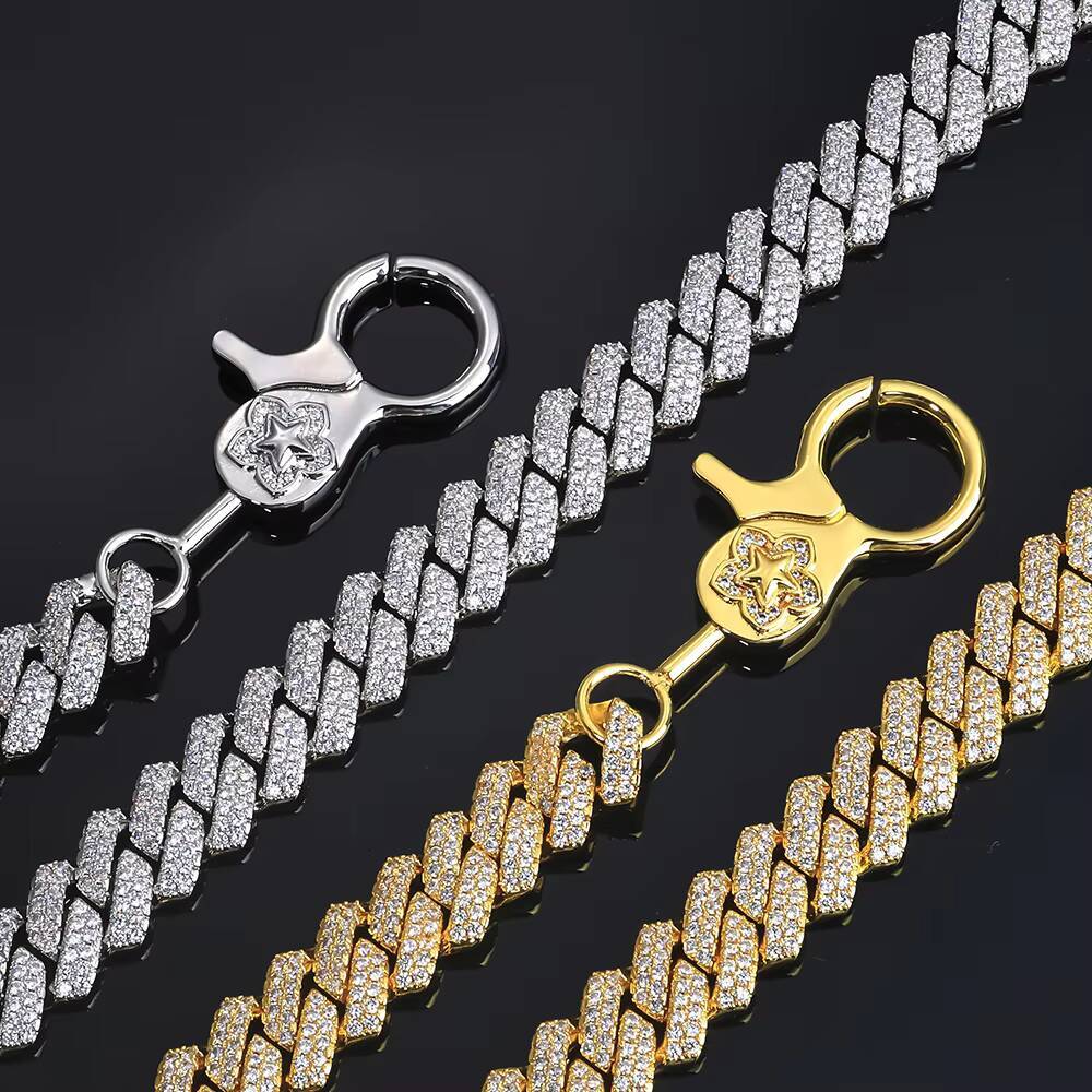 NUOYA 14mm Iced Out Diamond Cuban Chain Prong Link Pants Chain Hip Hop Fashion Jewelry Gold Plated Gift for Men Women