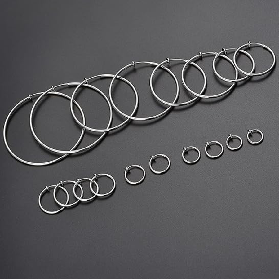 9 Pairs Clip on Hoop Earrings Non Pierced Fake Spring Hoop Earrings for Women Men Silver Tone