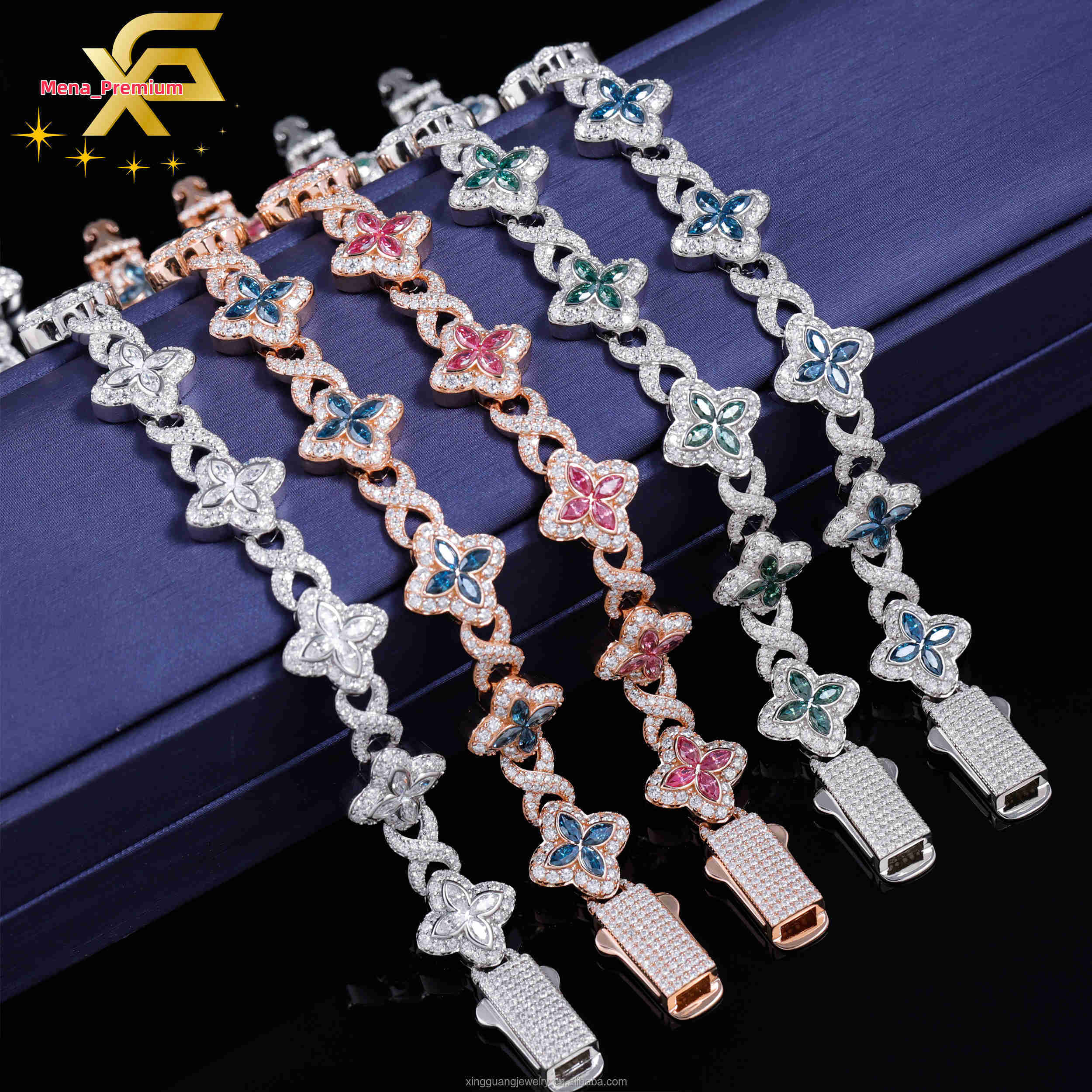 Hot Sale Spring Clasp Bracelet Moissanite Clover Charms 13mm Four Leaf Cuban Links Bracelet S925 Silver Cuban Chain Men Women