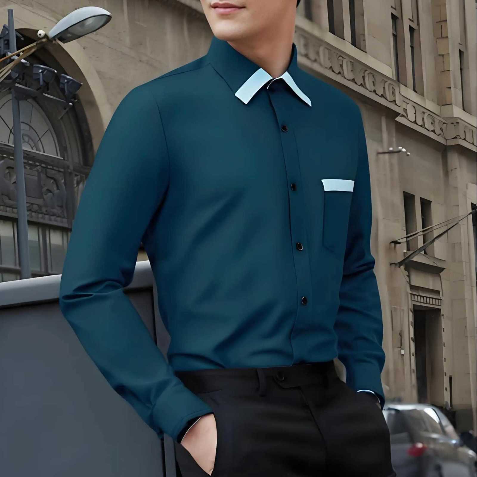 Spring and autumn mens personalized fashion contrast color with pocket long sleeve lapel shirt versatile mens cardigan X250903