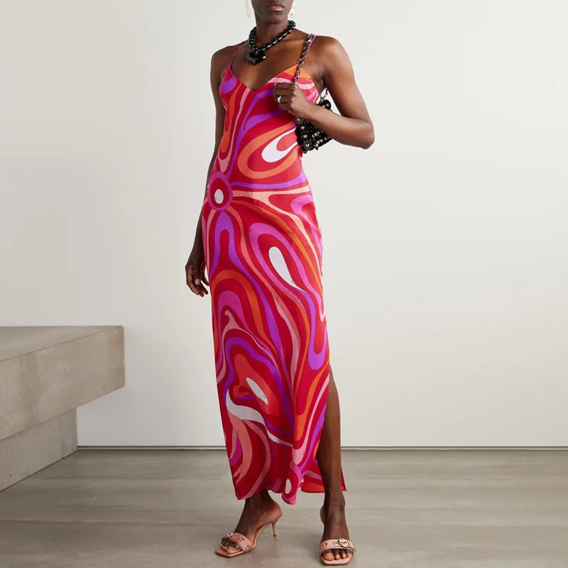 Vestidos Mujer Spring Print Vintage Party Dress Woman Sexy V Neck Backless Hollow Long Dresses Summer Sleeveless Slit Boho Dress 250903