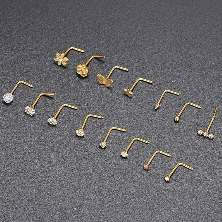 15Pcs G23 Titanium Nose Rings Stud L Shaped Star Heart CZ Flower Butterfly Ball Nose Stud Pure Titanium Nostril Piercing Jewelry for Women Men 20G Gol