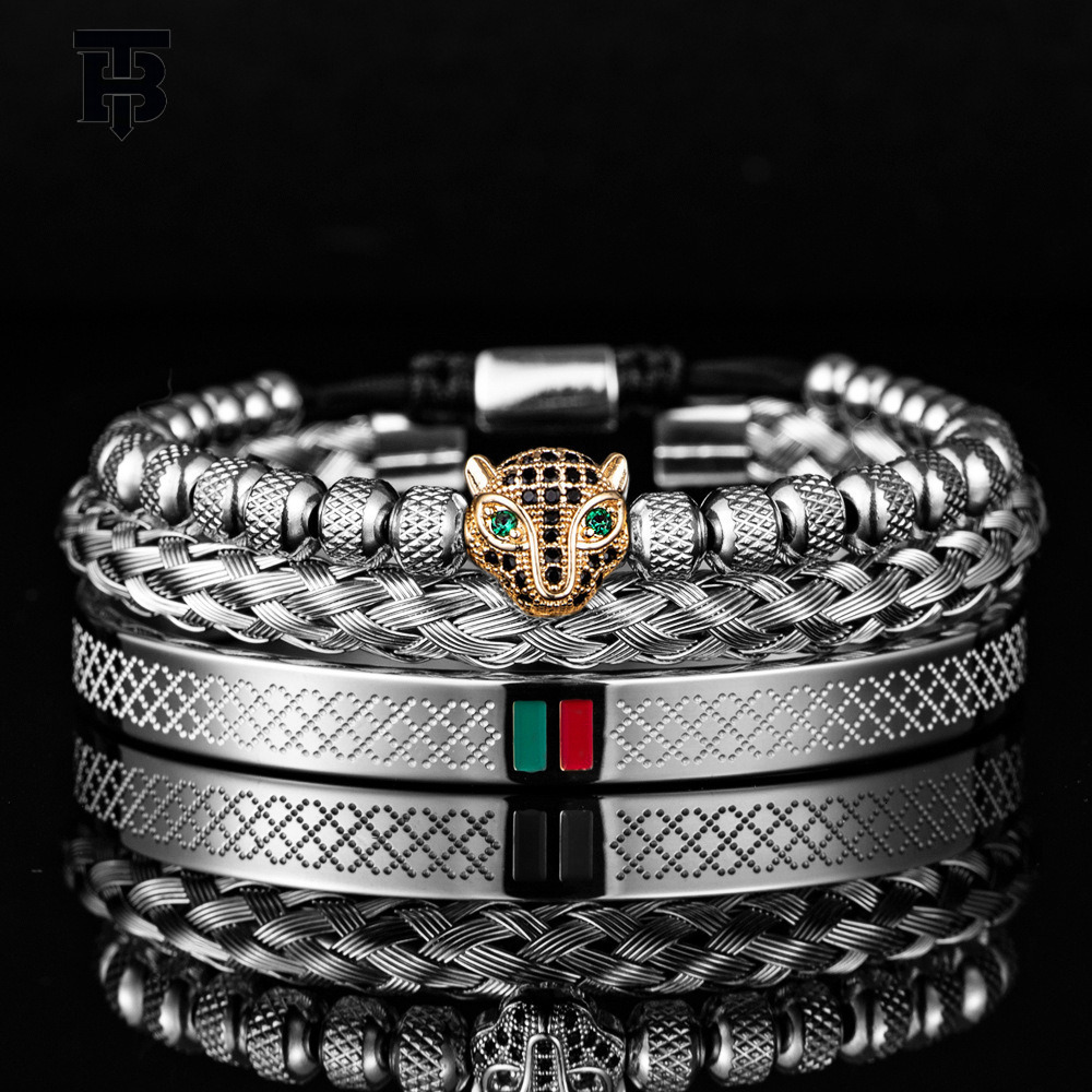 TB BHULAMTE Designer Lady Diamond-encrusted Leopard Head Bracelet Outdoor Luxury Stainless Steel Green Red Green Striped Bracelet Wholesale