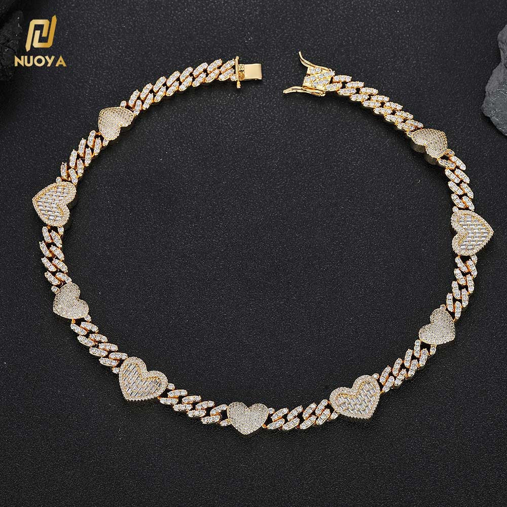 NUOYA Custom Heart Cuban Choker Necklace Iced Out Bling Moissanite White Gold Plated Cuban Link Chain Fashion Jewelry for Women